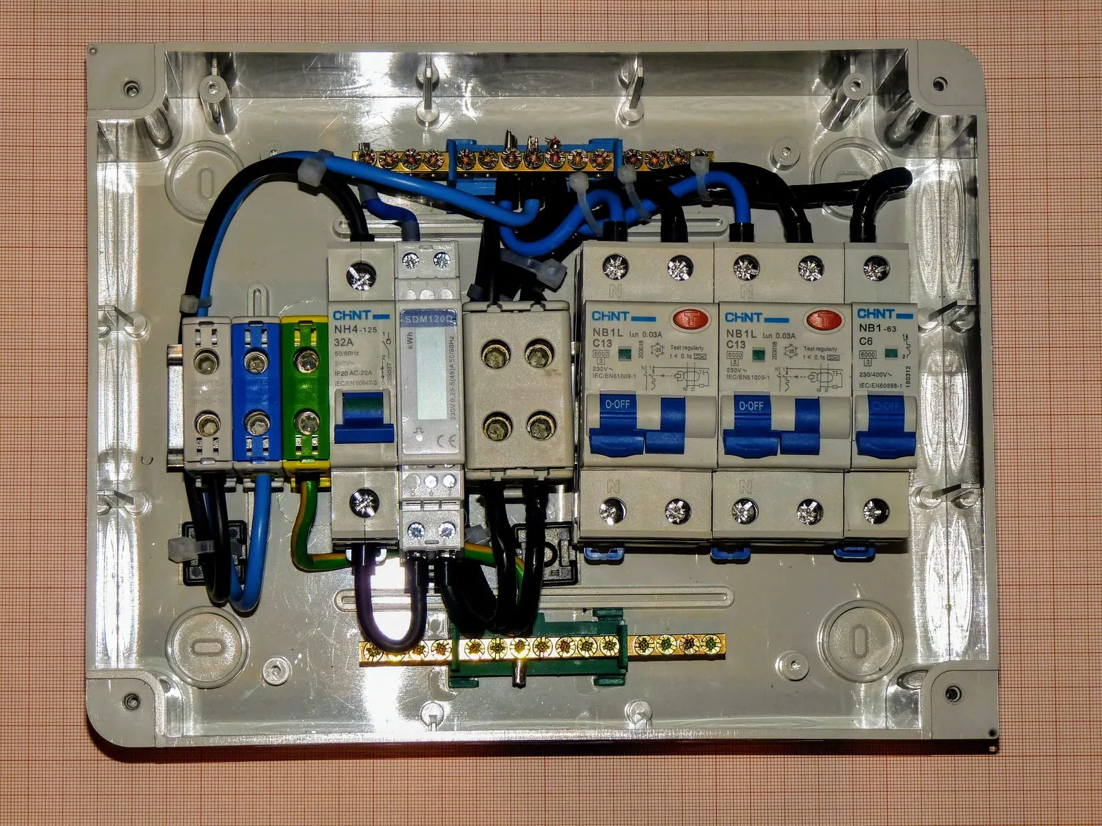 Caja de distribución nueva con automáticos azules, borneras de tierra y cableado recién montado