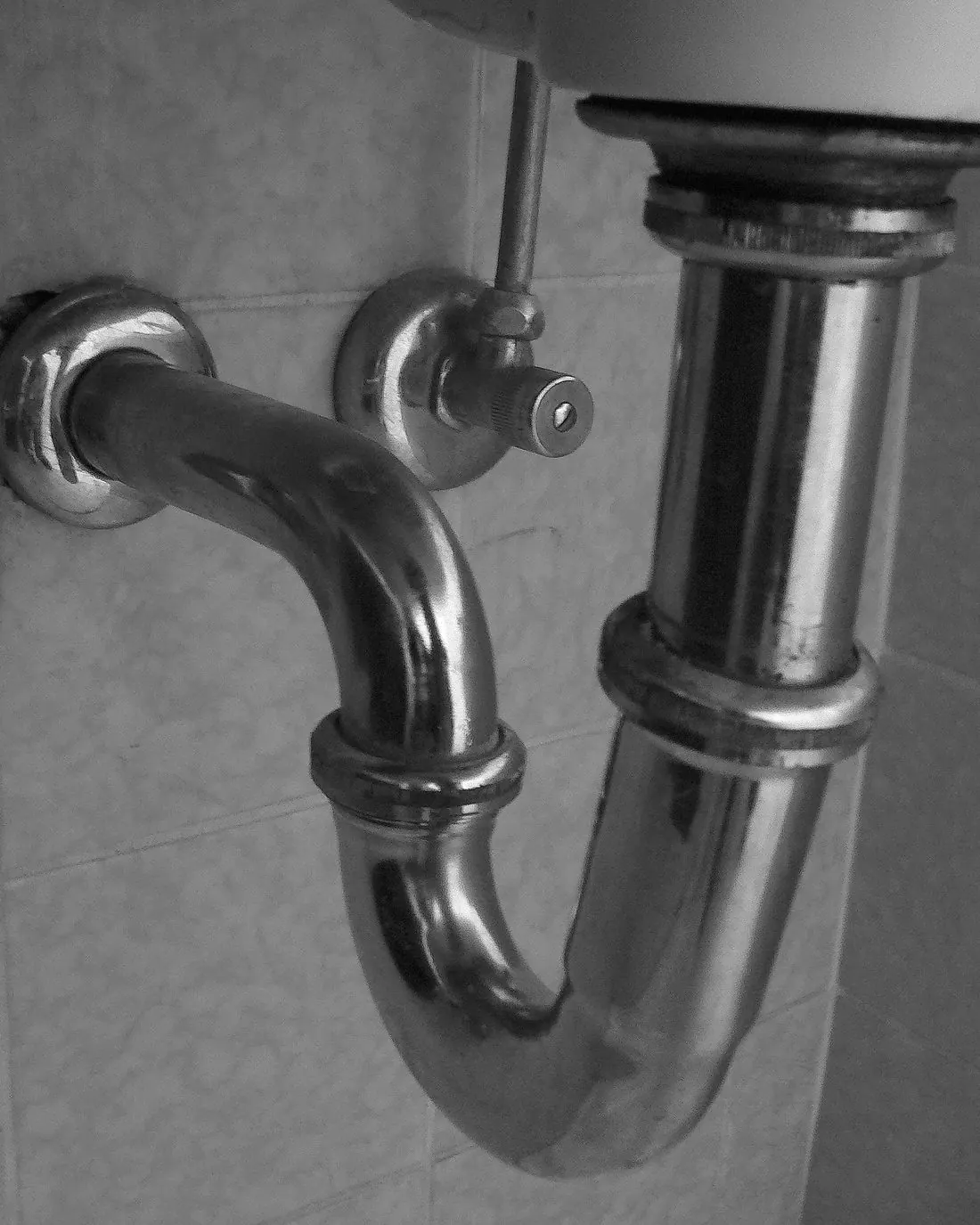 Sifón cromado en forma de botella bajo un lavabo conectado a la pared