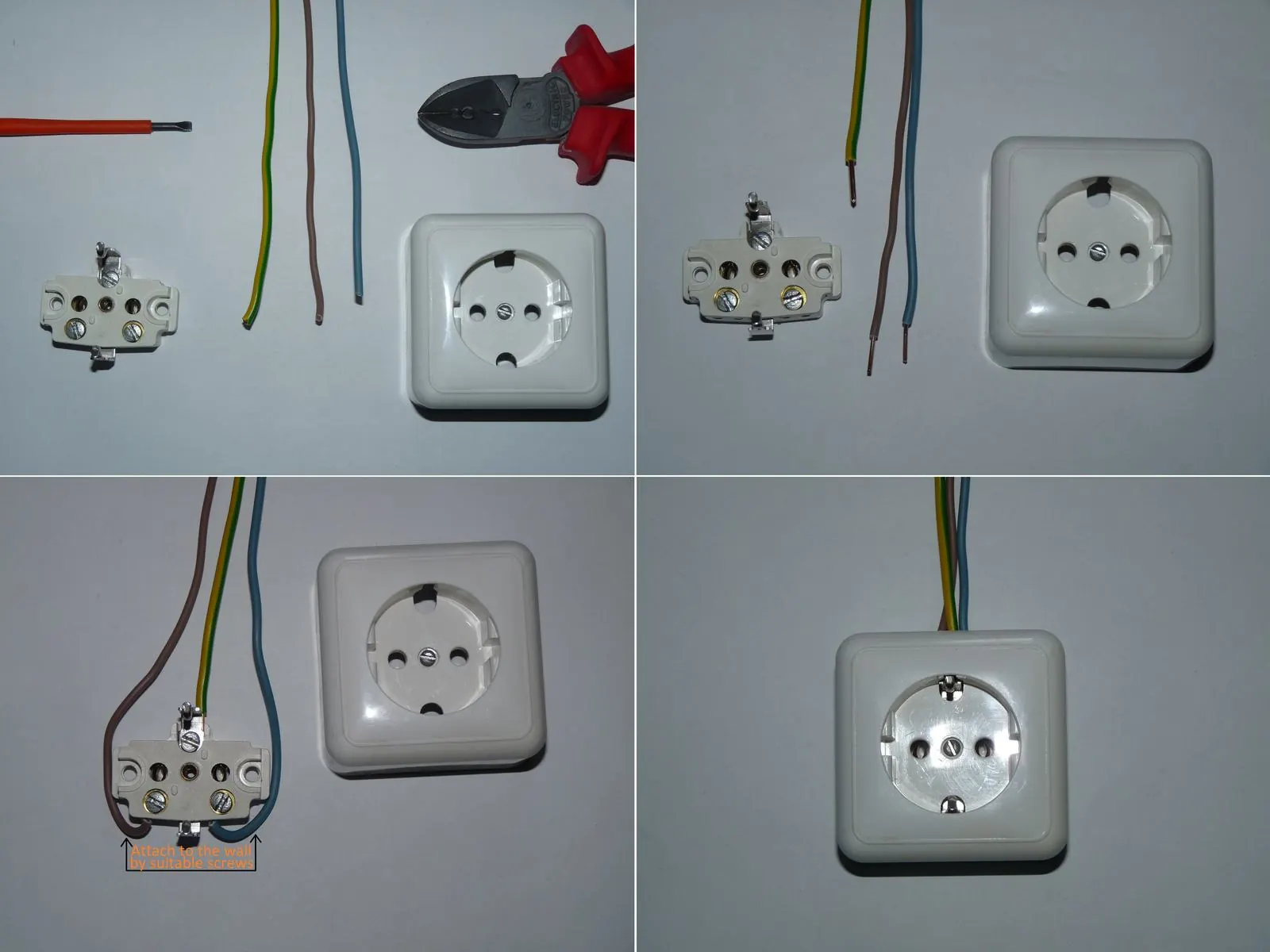 Cuatro pasos del montaje de un enchufe Schuko, desde los cables sueltos hasta la tapa puesta