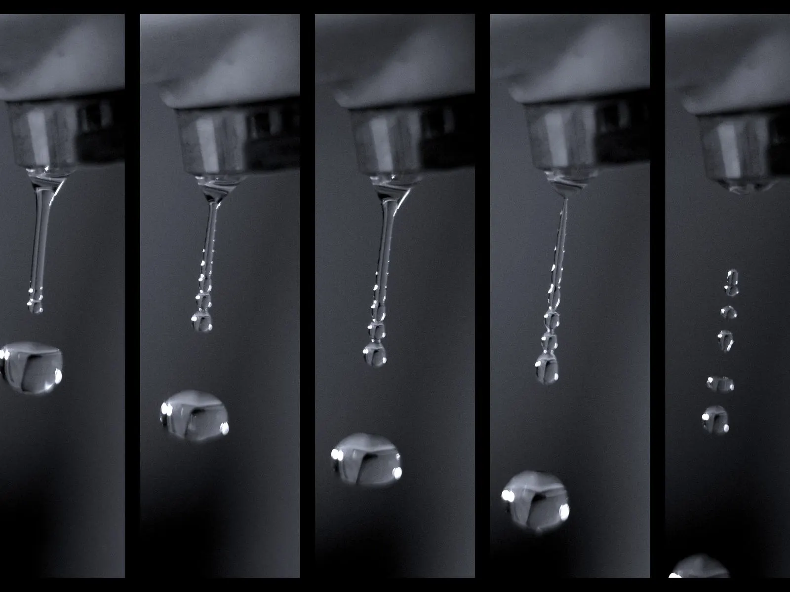 Secuencia de un grifo goteando sobre fondo negro, gota a gota