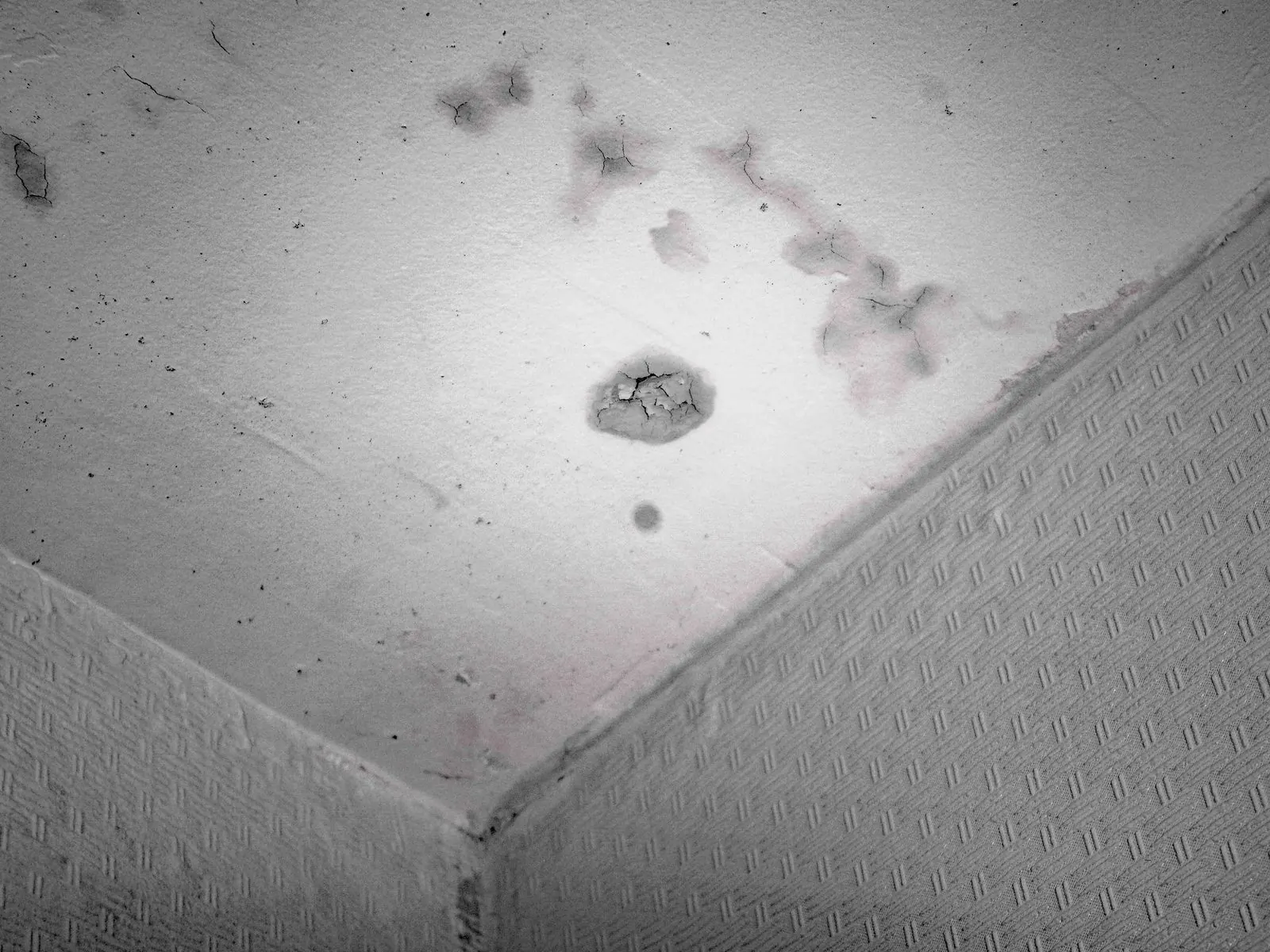 Rincón de techo con manchas oscuras de humedad y la pintura abombada